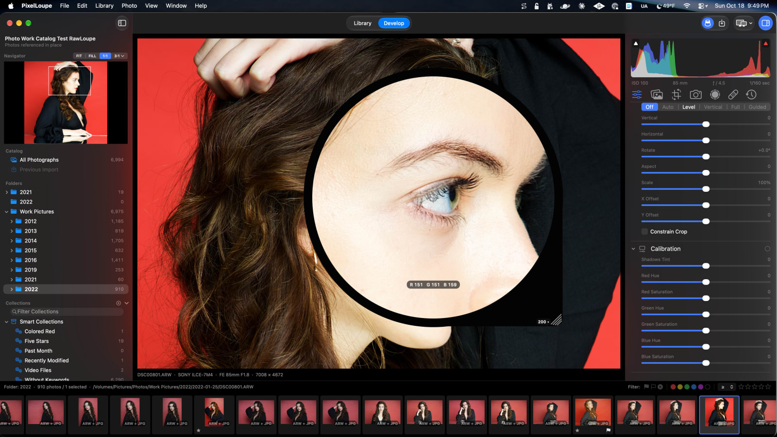 Transform and Calibration panels next to a magnified portrait in the Develop module