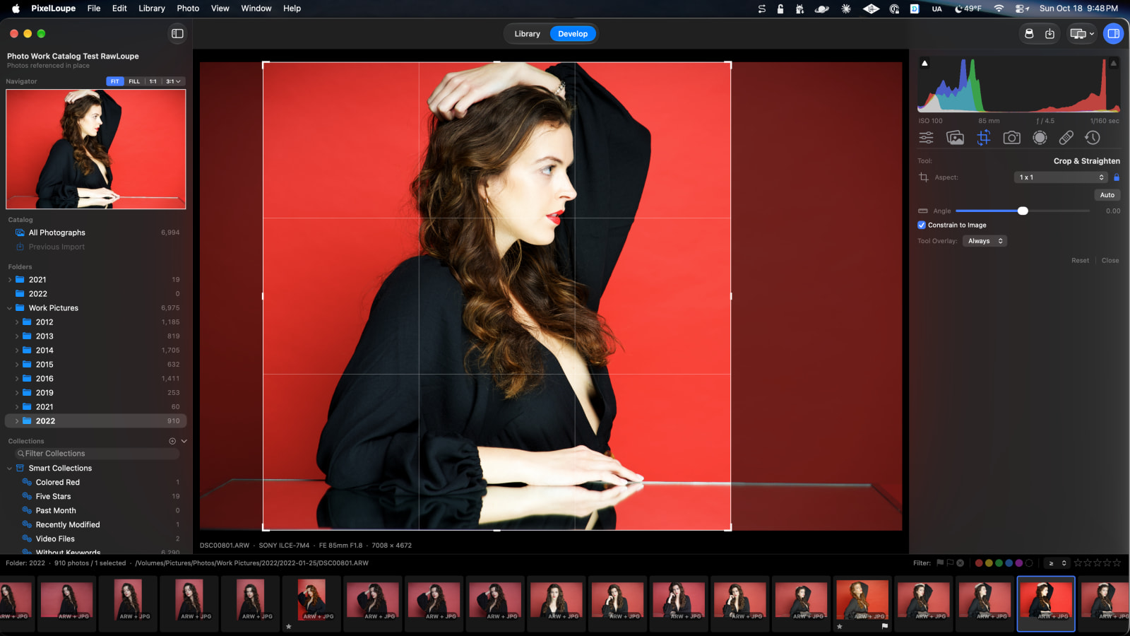 Crop & Straighten with a square crop over a portrait on a red backdrop