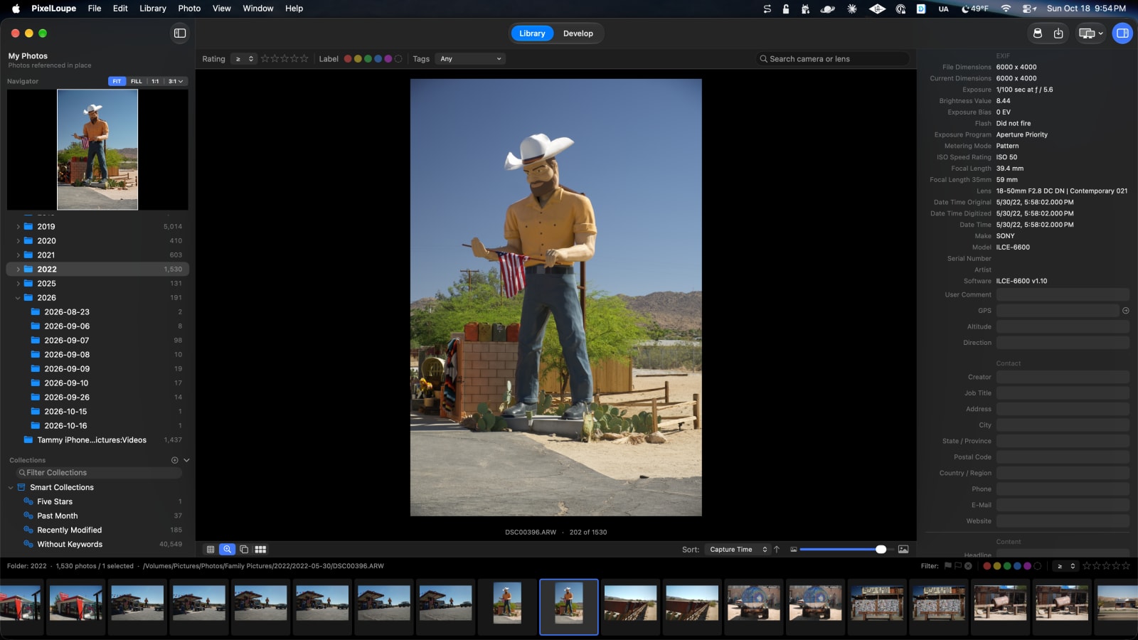 The Library loupe view showing a photo with its full EXIF and IPTC metadata in the sidebar