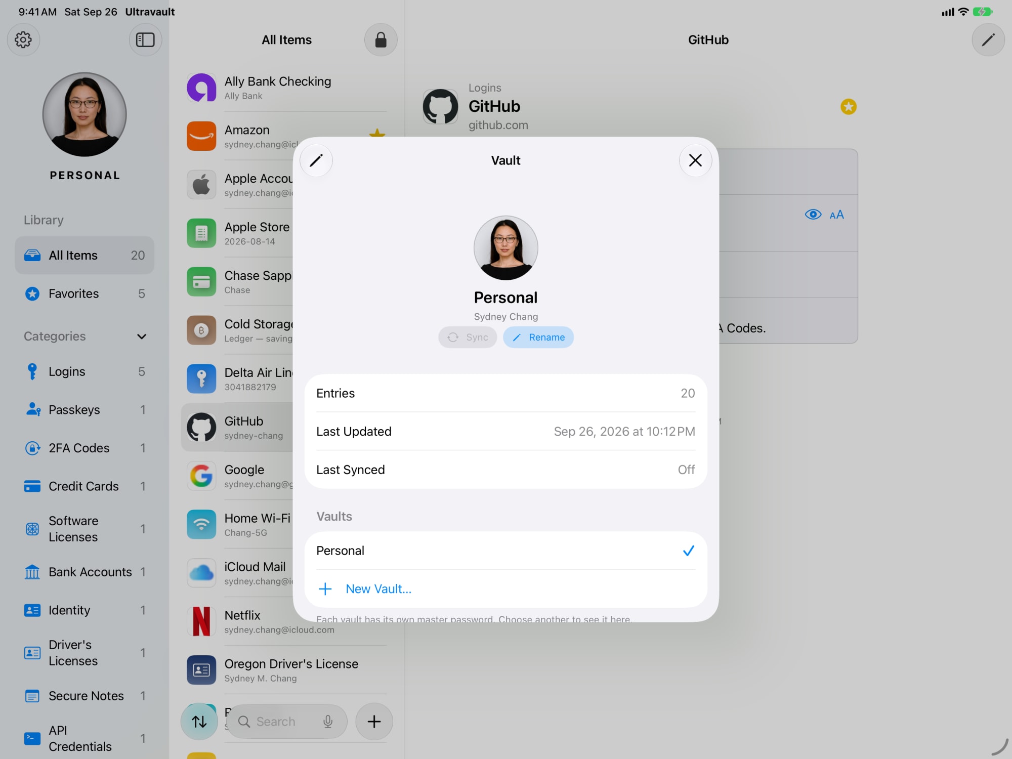 Ultravault on iPad switching between Personal, Work, and Family vaults