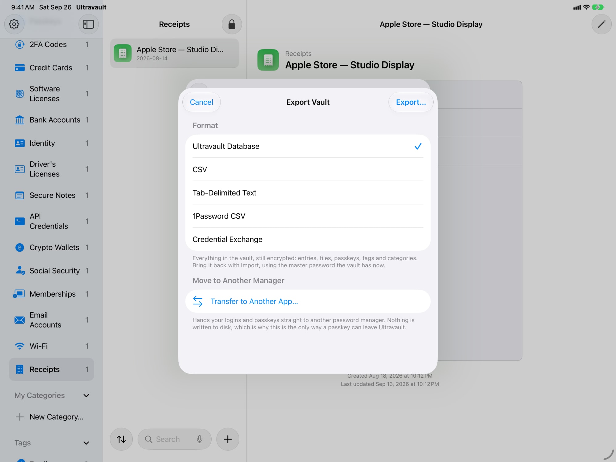 Ultravault’s Export Vault sheet on iPad, with Ultravault Database, CSV, tab-delimited text, 1Password CSV, and Credential Exchange formats
