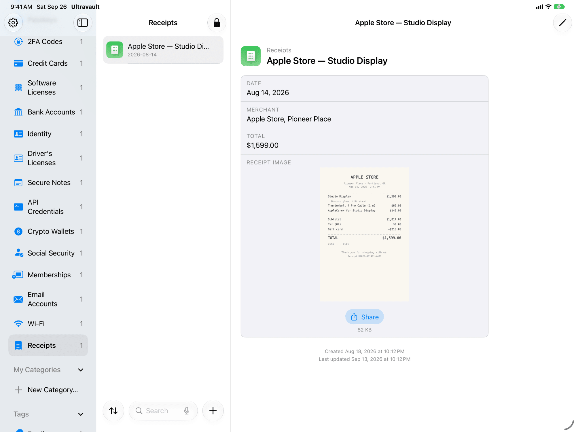 Ultravault on iPad showing a scanned Apple Store receipt saved in the Receipts category