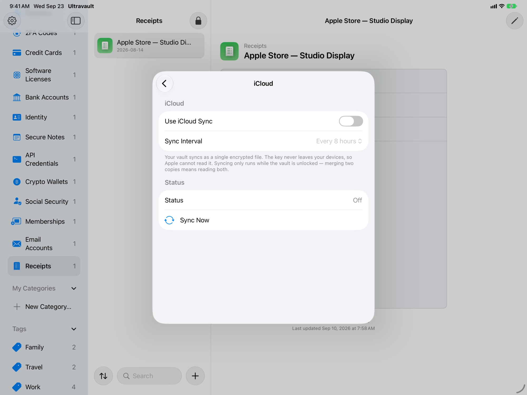 Ultravault’s iCloud settings on iPad, with iCloud sync switched off by default