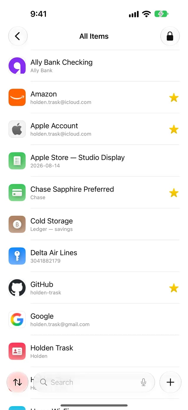 Ultravault on iPhone: the All Items list with logins, cards, and accounts