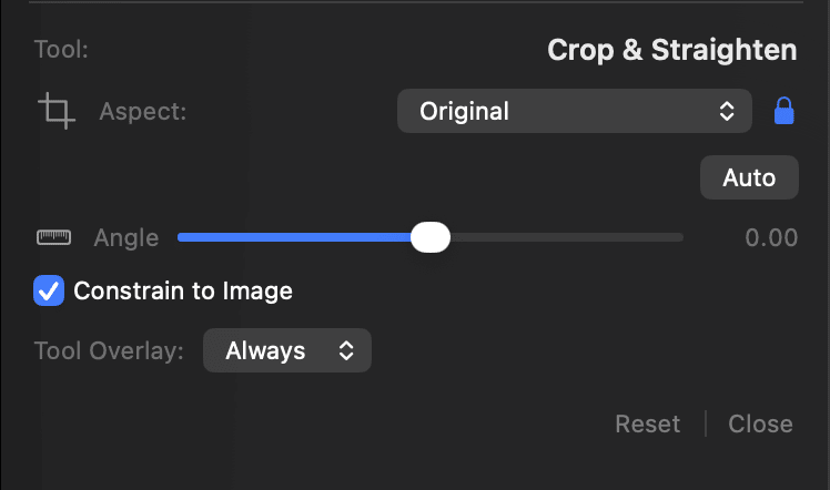 The Crop & Straighten panel in PixelLoupe’s Develop module