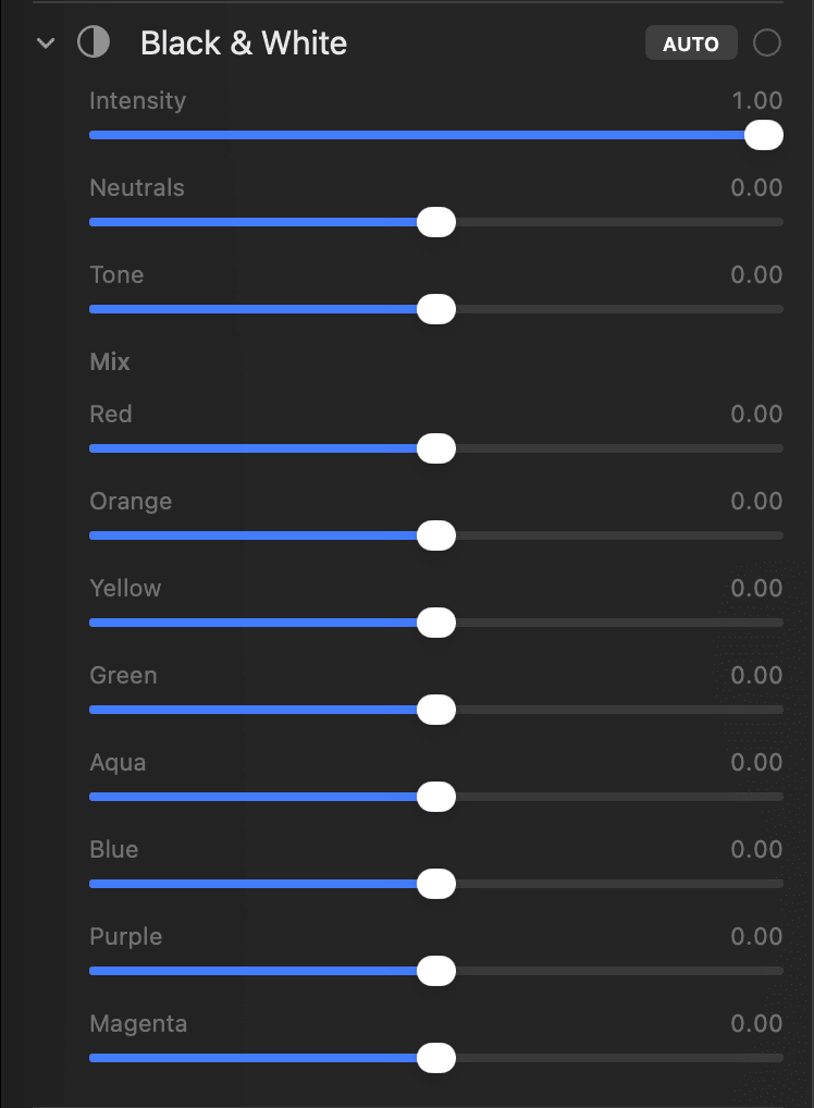 The Black and White panel in PixelLoupe’s Develop module