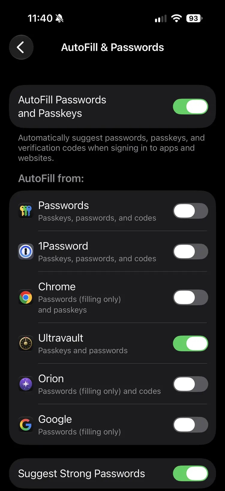 Settings on iPhone, General › AutoFill & Passwords, with AutoFill Passwords and Passkeys on and Ultravault switched on under AutoFill from