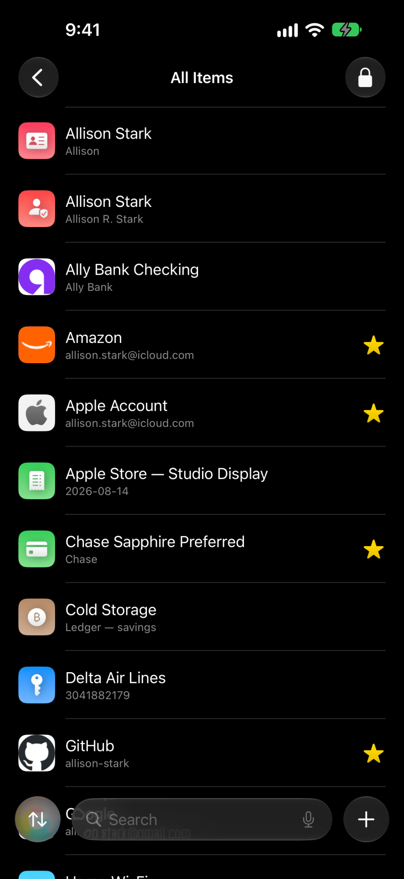 Ultravault on iPhone: the All Items list