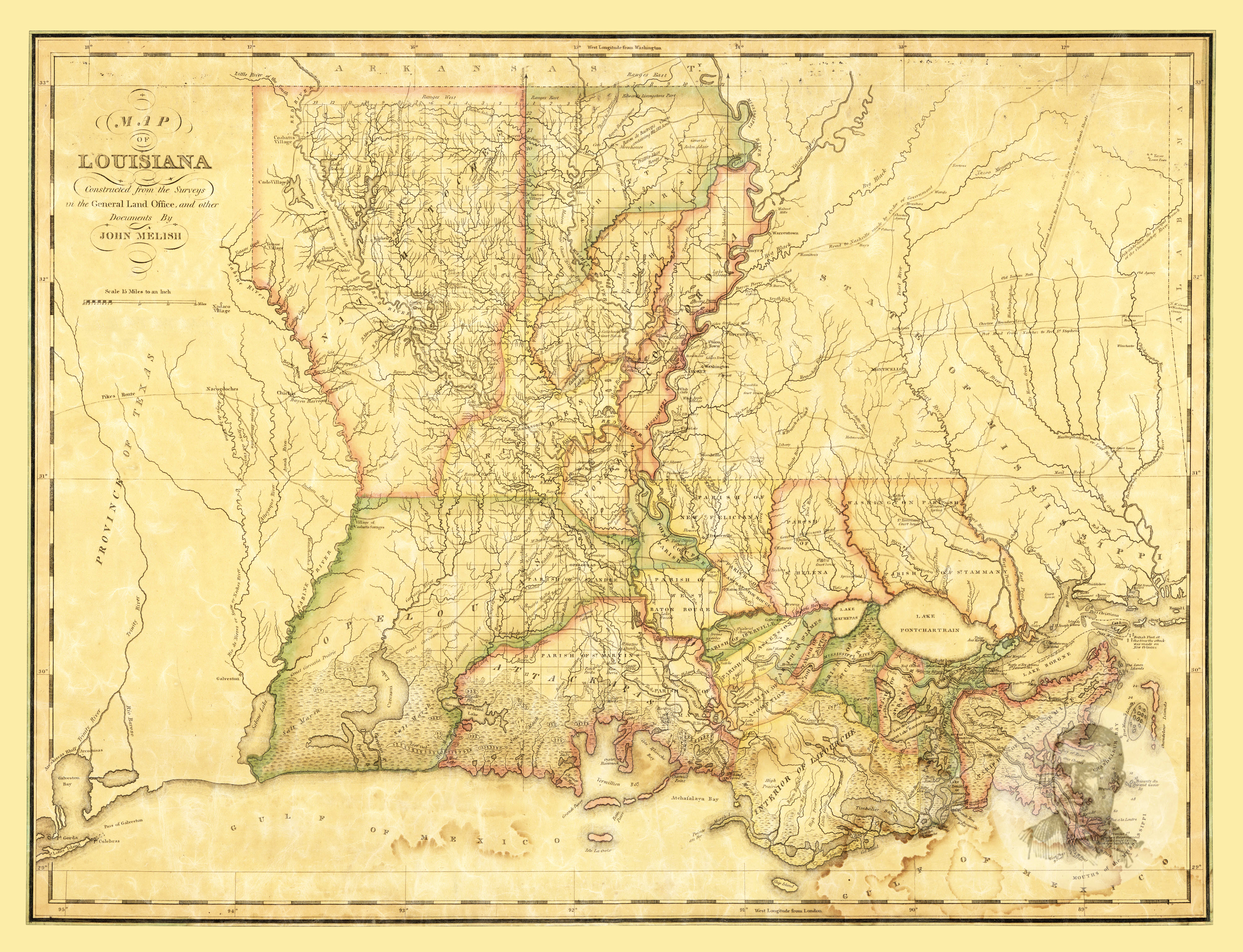 Vintage Map of Louisiana (1968), Louisiana Relief Map