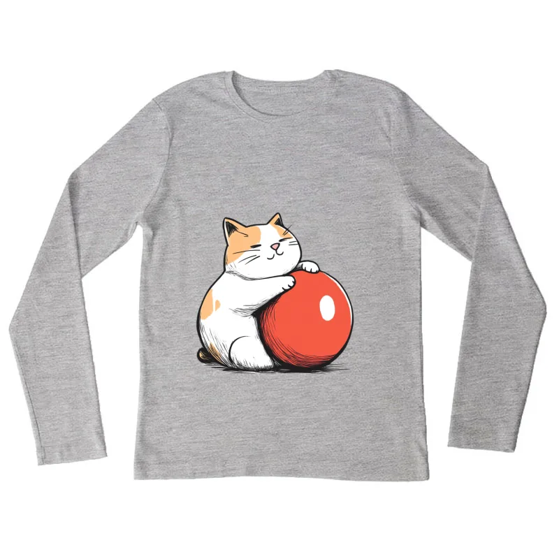 Cute Cartoon Cat Hugging Red Ball Female Long Sleeve T-Shirt