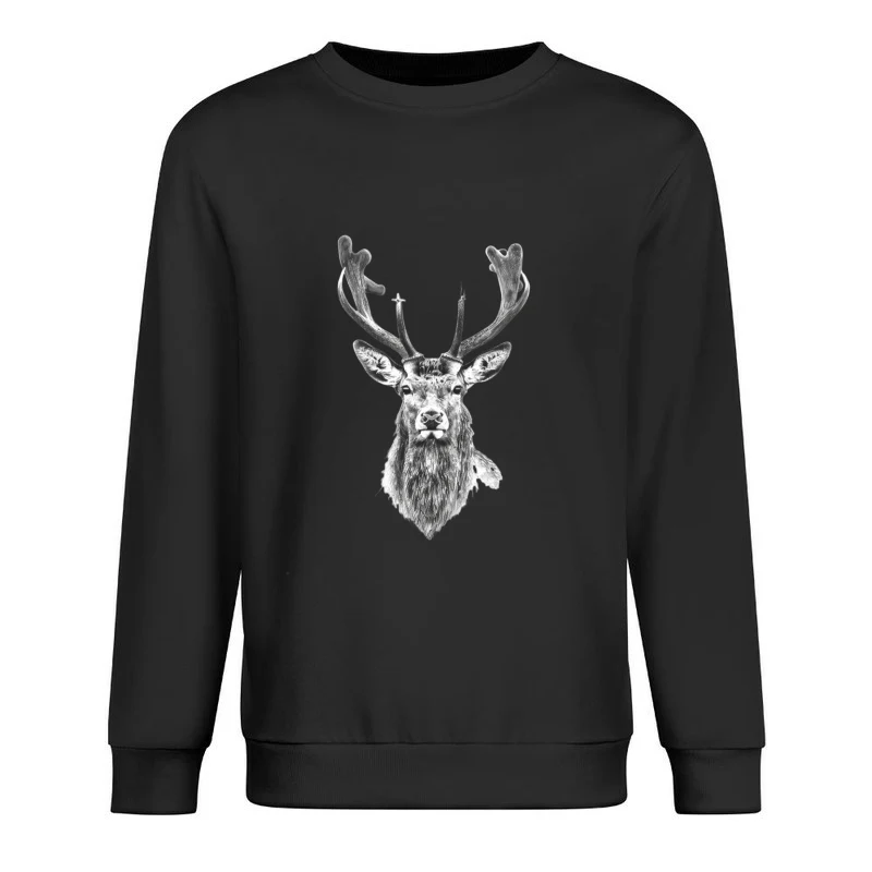 Majestic Deer Portrait: Wildlife Sketch in Black and White Male Pullover Sweatshirt