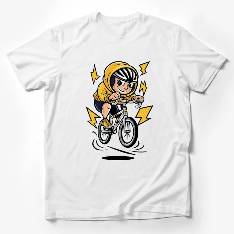 cartoon character cyclist bicycle yellow hoodie lightning bolts action speed animated style Male T-Shirt