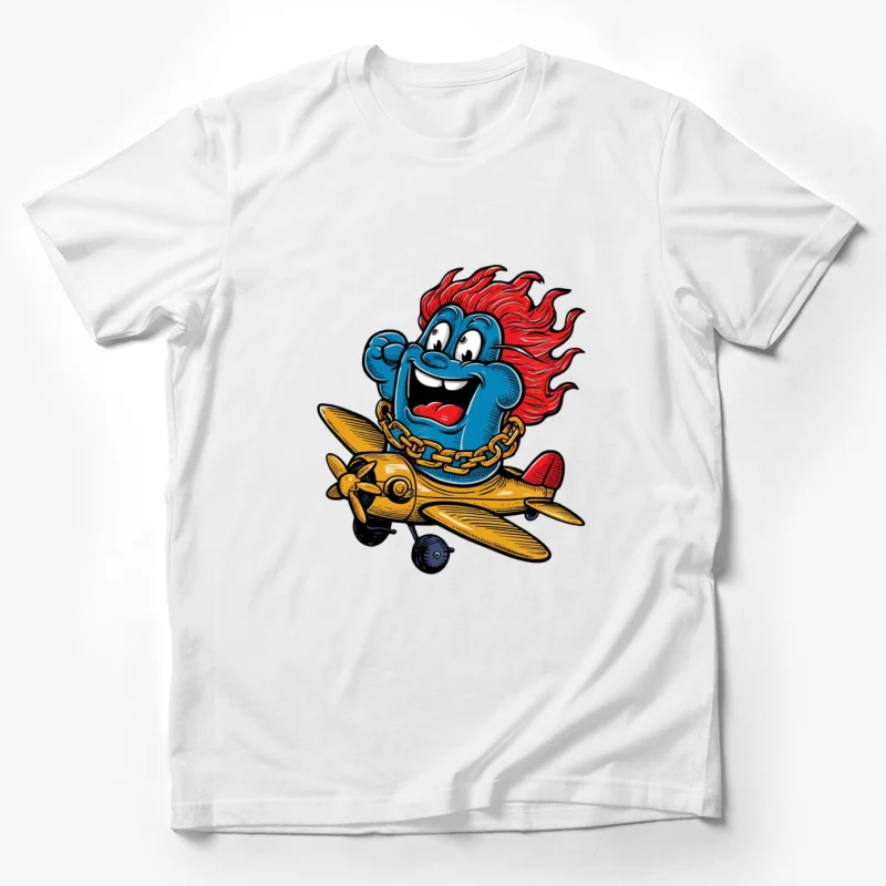 cartoon character blue creature red hair airplane gold chain retro style cartoon illustration Male T-Shirt