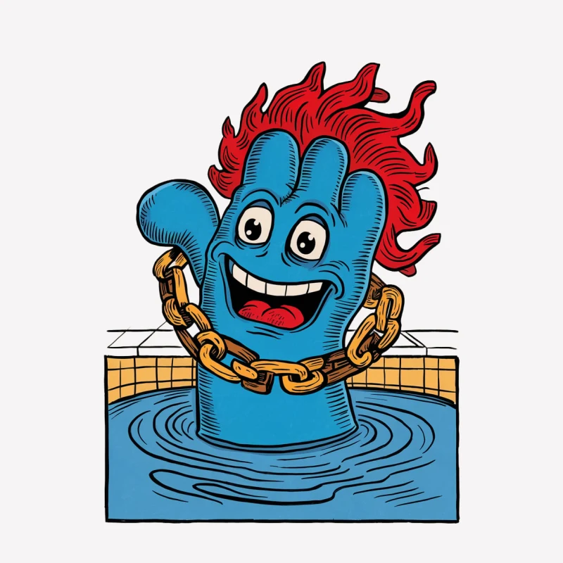 cartoon character blue creature red hair gold chain swimming pool smiling comic style illustration Male T-Shirt