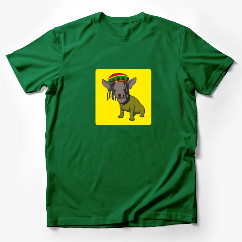 dog chihuahua rasta hat dreadlocks cartoon yellow background marijuana leaf Male T-Shirt