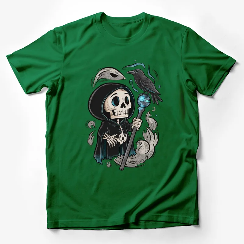 skeleton grim reaper raven staff occult gothic cartoon illustration Male T-Shirt