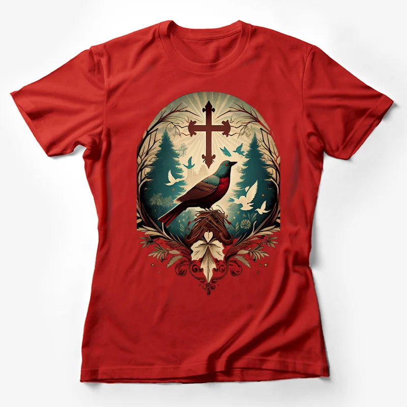 Religious art cross bird forest nature illustration spiritual Female T-Shirt