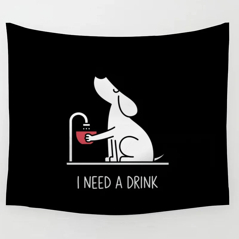 Thirsty Cartoon Dog Drinking Water: Minimalist Cute Illustration Tapestry