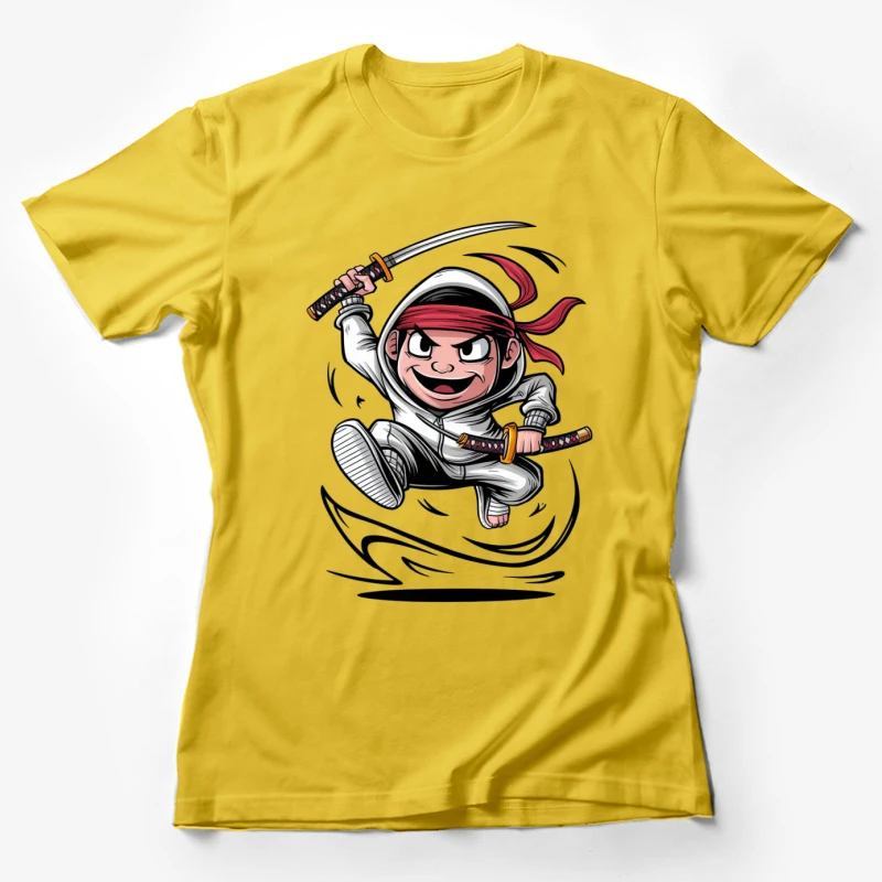 cartoon character ninja samurai sword action pose chibi style white outfit red headband Female T-Shirt