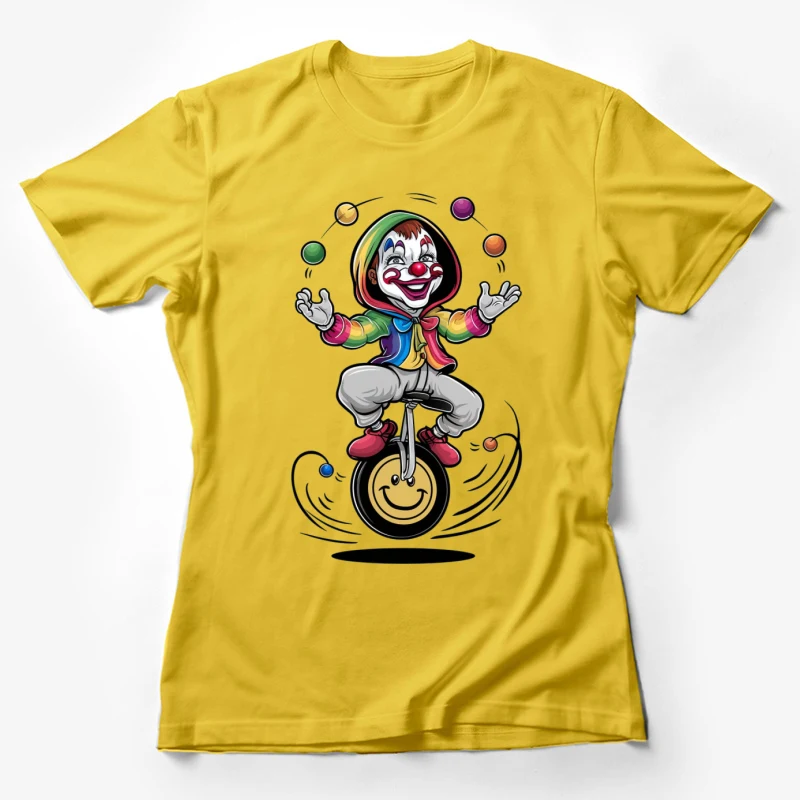 clown unicycle juggling colorful cartoon circus performer entertainmen Female T-Shirt