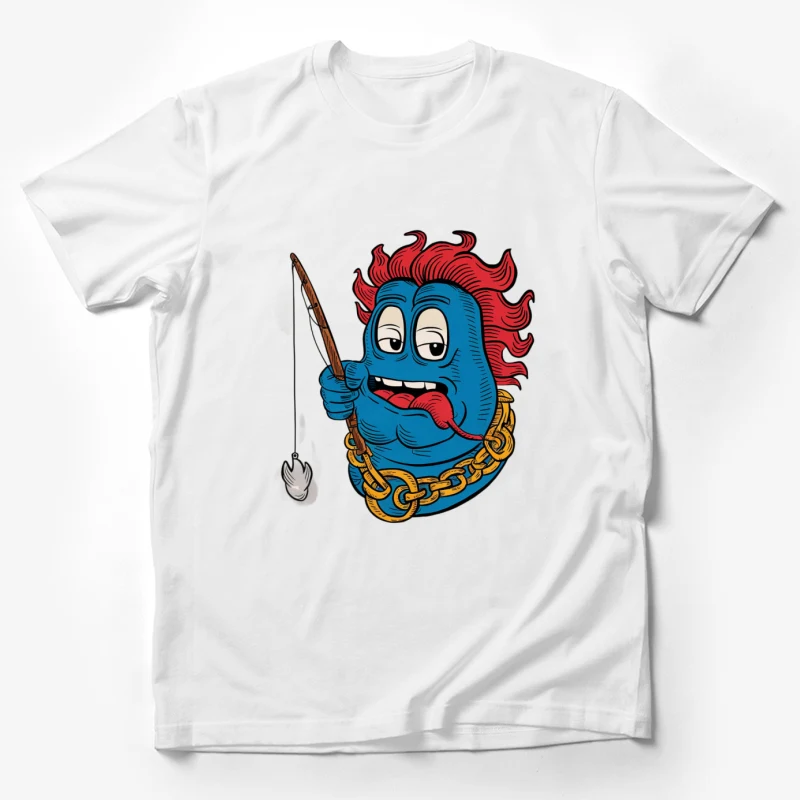 cartoon character blue monster red hair fishing rod gold chain tongue out humorous illustration Male T-Shirt