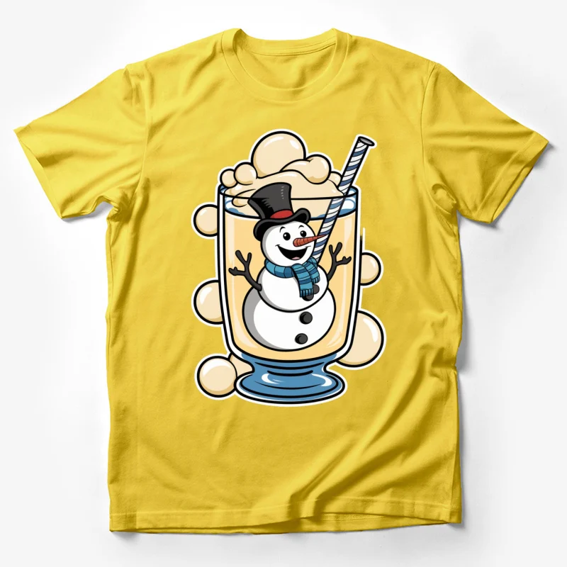 snowman hot chocolate winter drink cartoon holiday beverage festive whipped cream straw Male T-Shirt