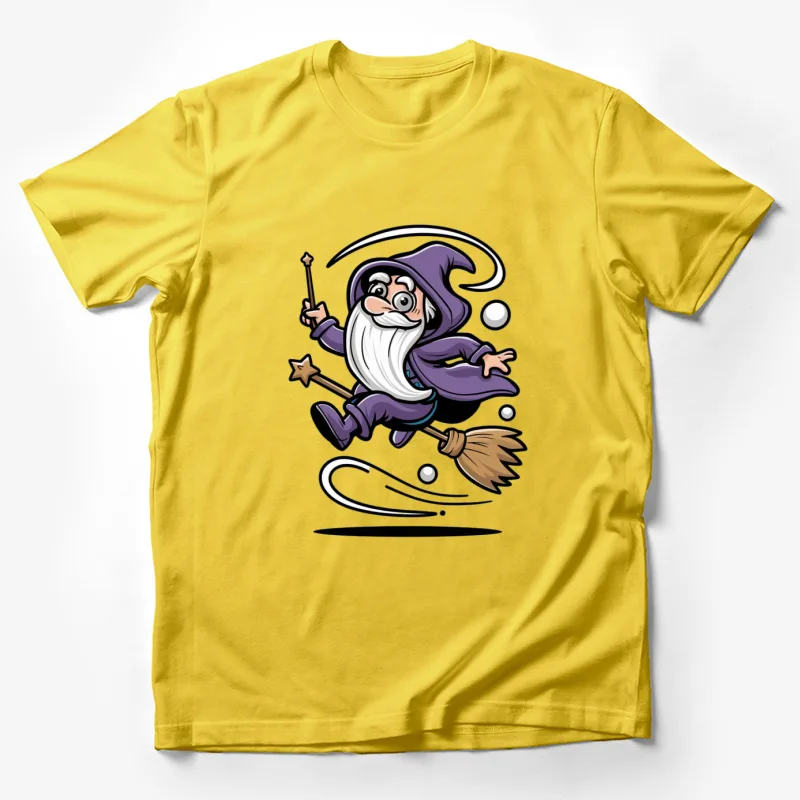 cartoon wizard magic wand broomstick purple robe flying whimsical Male T-Shirt