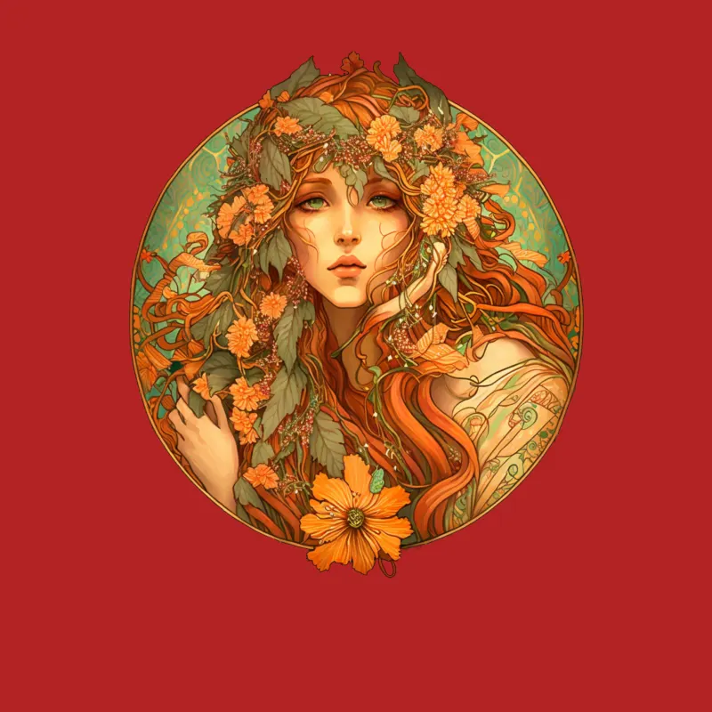 Floral nature woman circular composition orange green Male T-Shirt