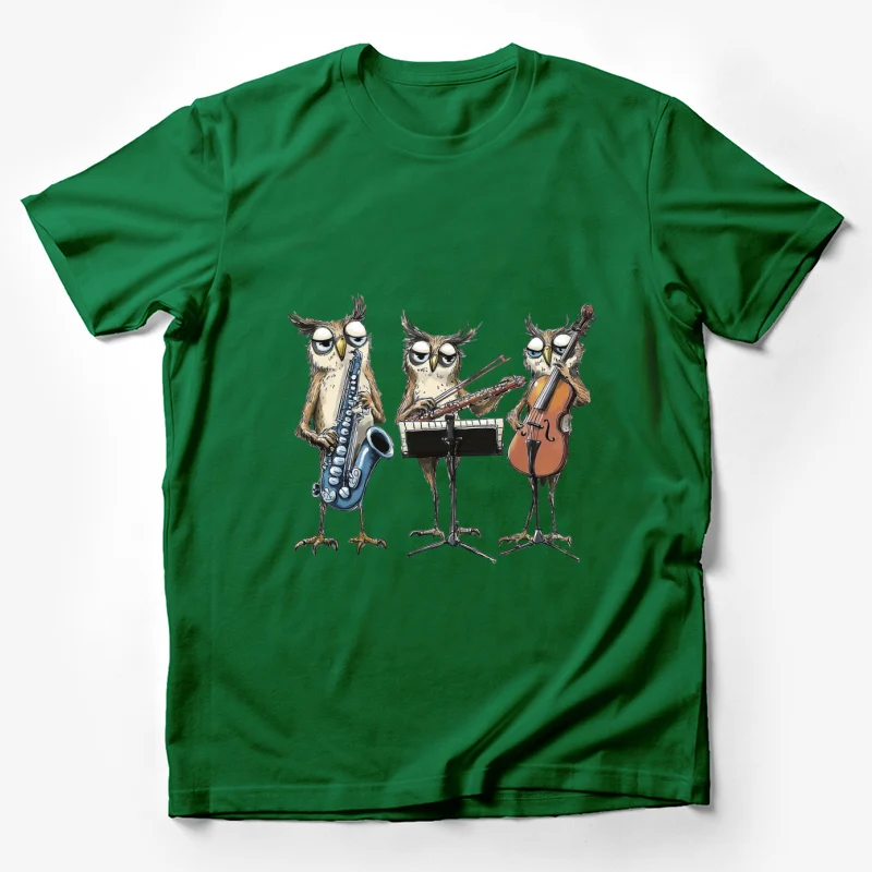 owls musicians instruments cartoon orchestra saxophone violin cello Male T-Shirt