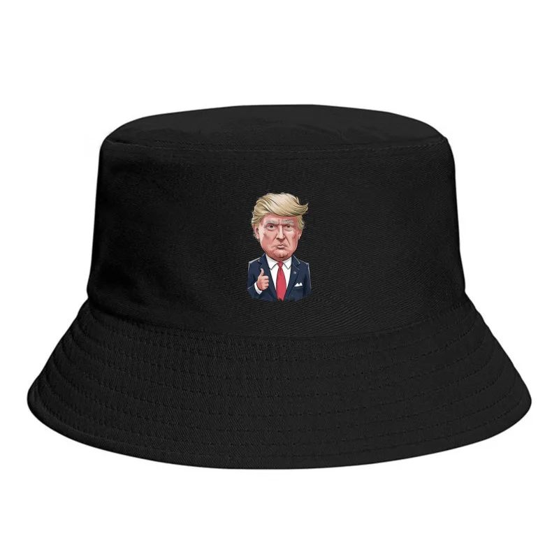 Political Caricature Illustration with Navy Suit and Red Tie Bucket Hat