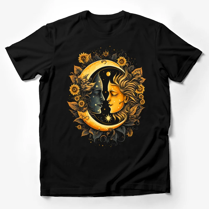 Sun and moon celestial art mystical sunflowers yin and yang decorative nature-inspired golden Male T-Shirt