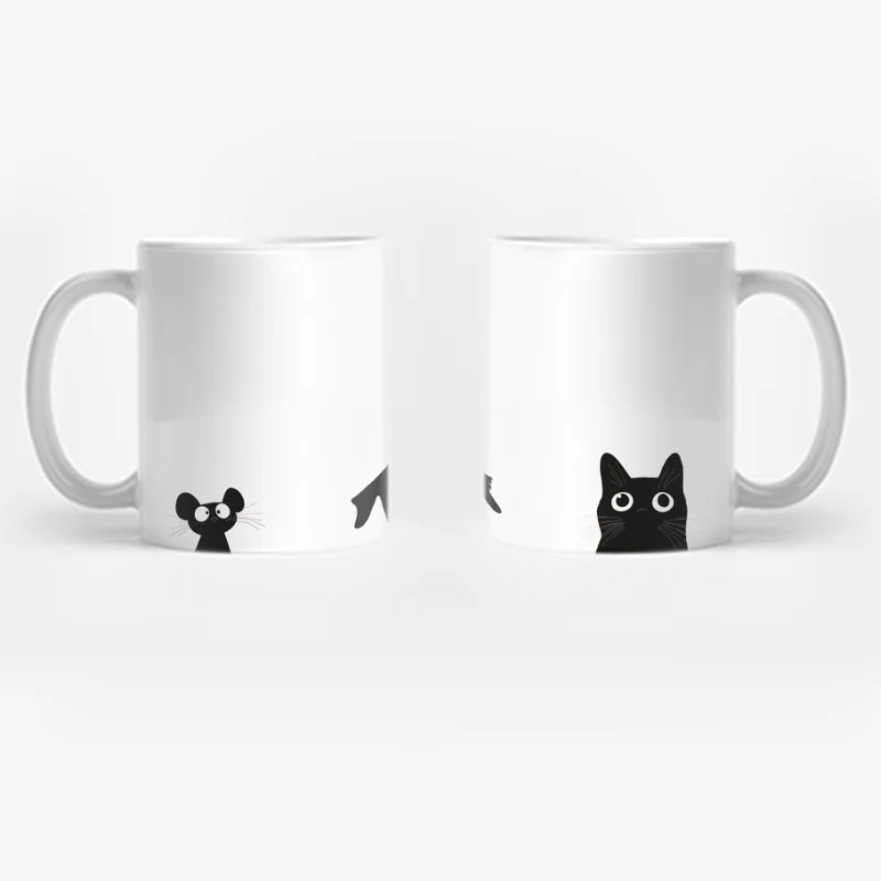 Minimalist Black and White Cartoon Animals: Mouse, Dog, and Cat Coffee Mug