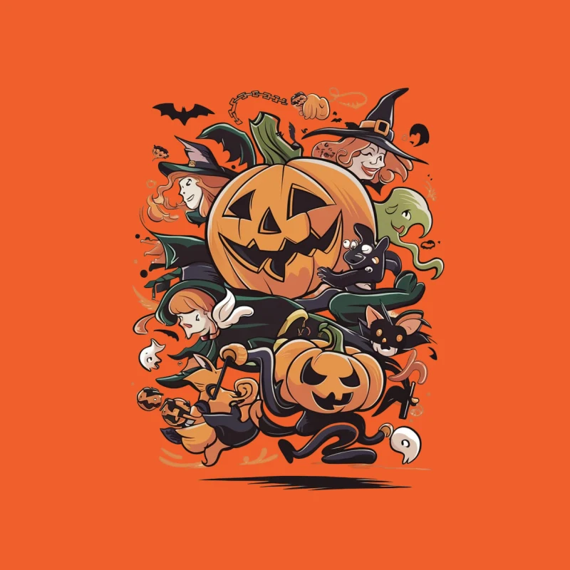 Halloween jack-o'-lantern witches ghosts bats pumpkins cartoon spooky Male T-Shirt