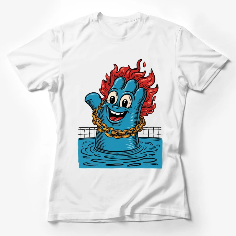 cartoon character blue creature red hair gold chain water smiling volleyball net comic style Female T-Shirt