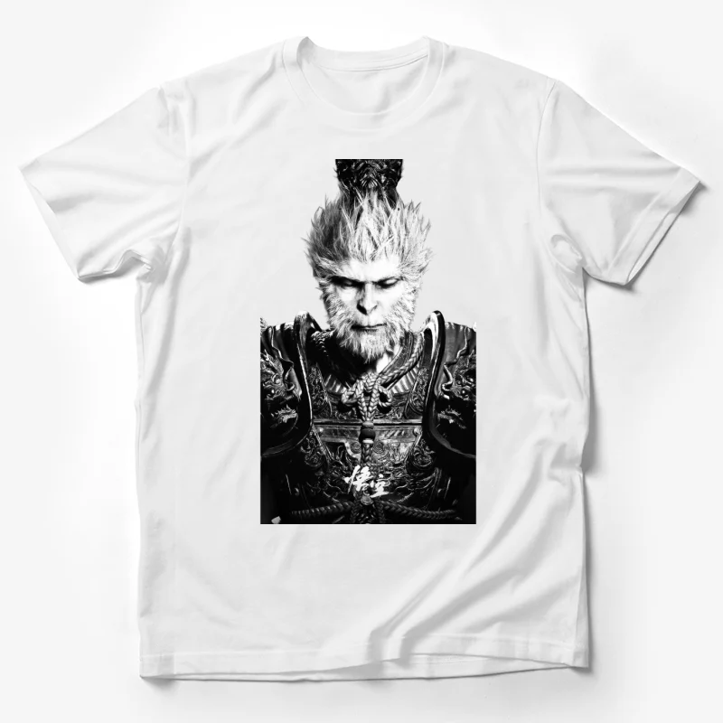 Black Myth Wukong front design T-shirt detailed portrait fierce expression armor Male T-Shirt