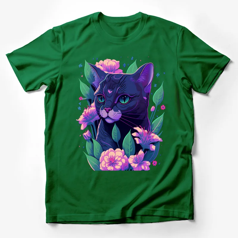 Cat flowers colorful digital art illustration fantasy purple nature Male T-Shirt