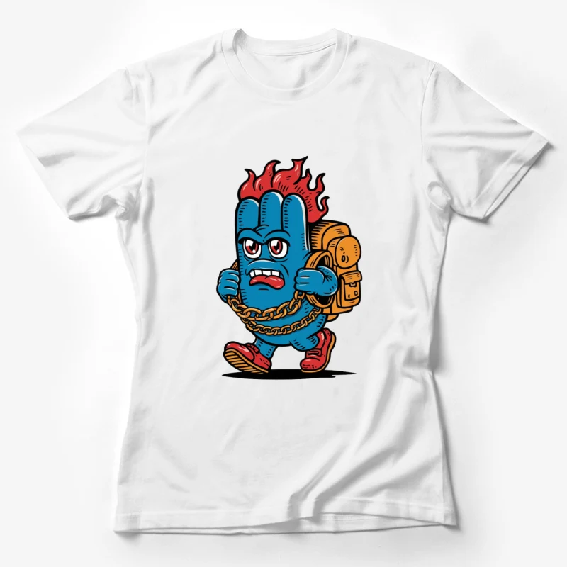 cartoon character street art graffiti style blue monster flames backpack gold chain angry expression Female T-Shirt