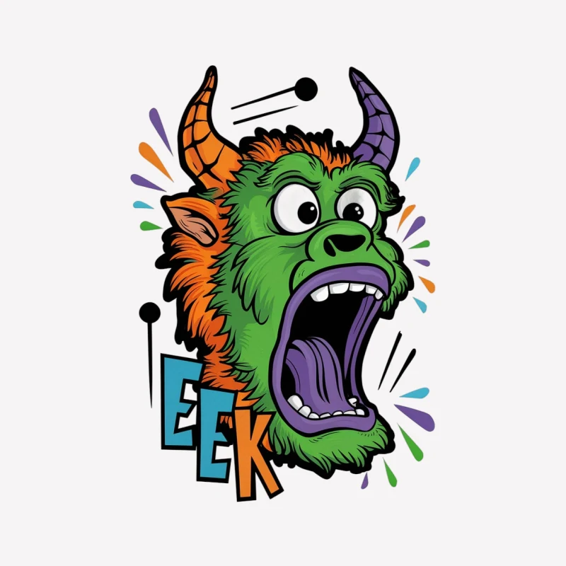 cartoon monster colorful creature wide-mouthed character horned beast EEK expression comic style illustration vibrant colors Male T-Shirt