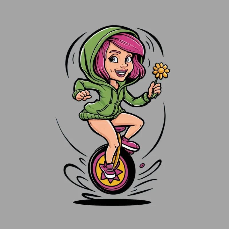 cartoon unicycle girl pink hair green hoodie flower cheerful energetic Male T-Shirt