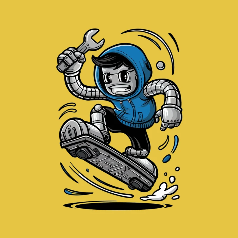 cartoon character skateboarding robot wrench blue hoodie action pose mechanical arms animated style Male T-Shirt