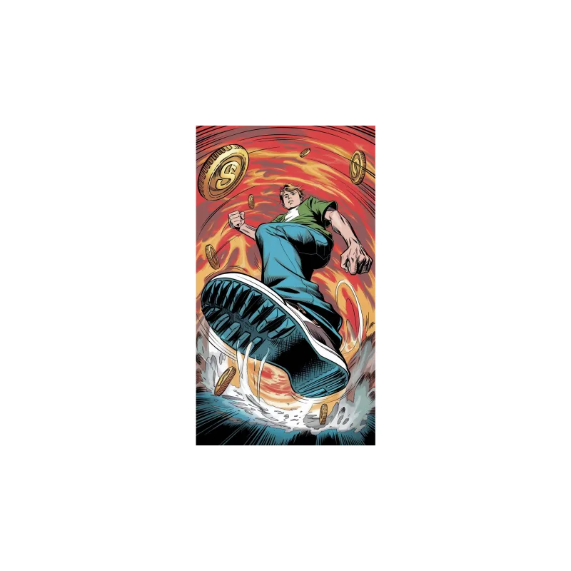 Dynamic Superhero Leaps Through Swirling Coins Travel Mug