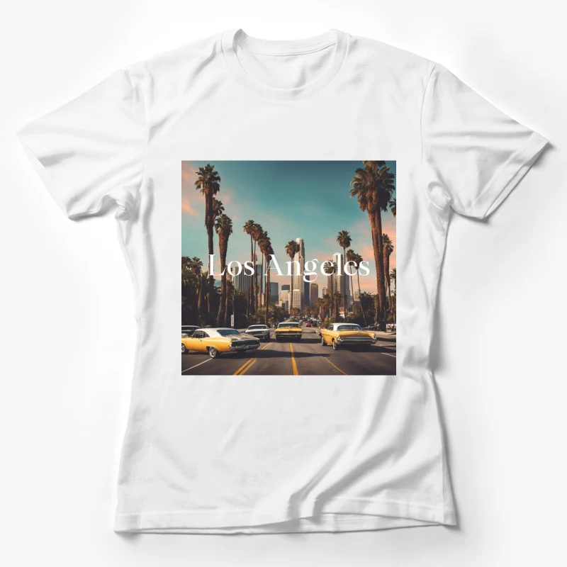 Los Angeles cityscape palm trees vintage cars urban scenery retro aesthetic skyline Female T-Shirt