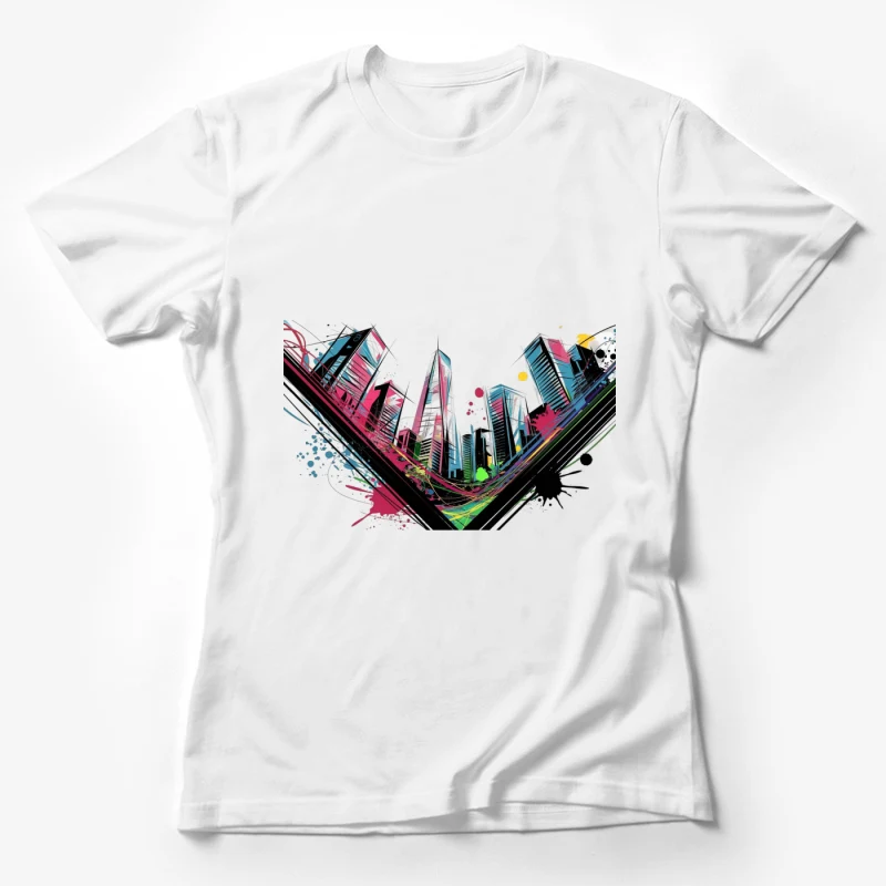 Vibrant Abstract Urban Cityscape with Colorful Graffiti Style Female T-Shirt