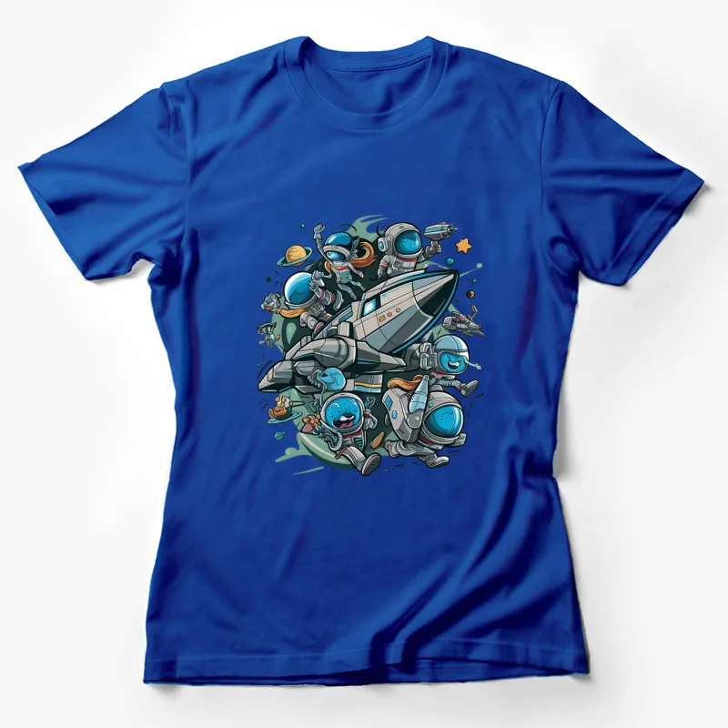 stronauts spaceship cartoon space exploration sci-fi planets colorful Female T-Shirt