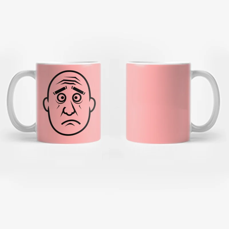 Simple Black and White Cartoon of Sad Bald Face with Worried Expression Coffee Mug