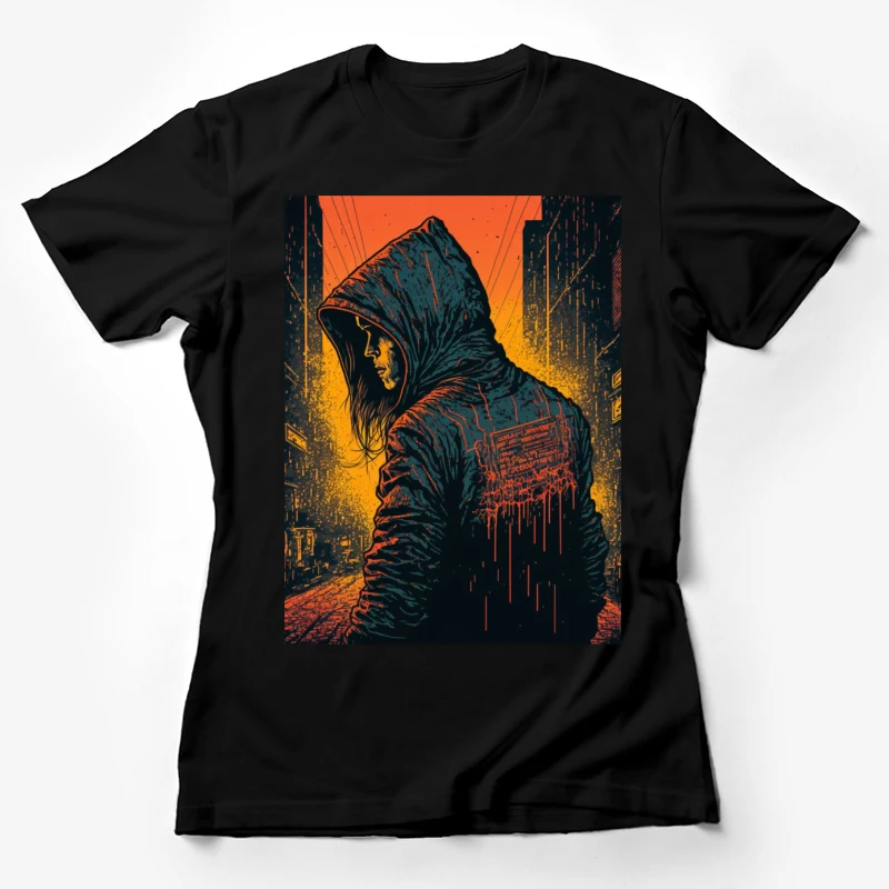 Cyberpunk hooded figure urban night scene illustration dark atmosphere orange glow Female T-Shirt