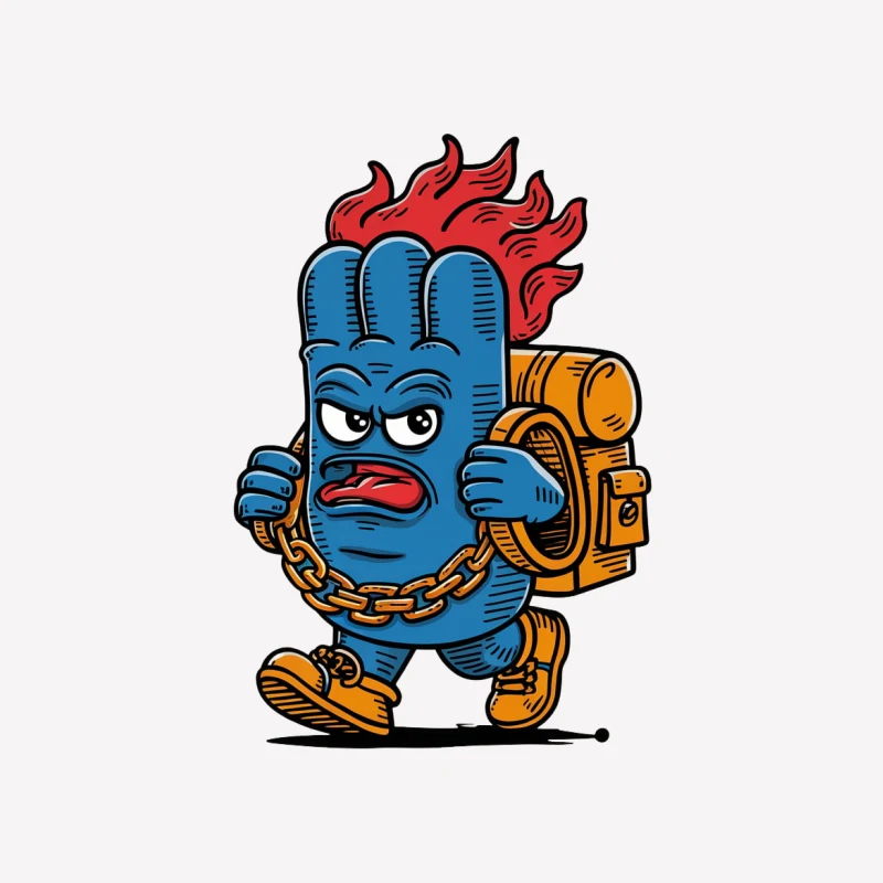 cartoon character blue monster backpack flames gold chain graffiti style urban art masco Male T-Shirt