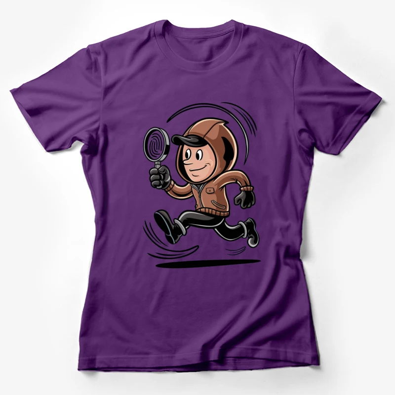 cartoon character detective magnifying glass running brown jacket cap retro style Female T-Shirt