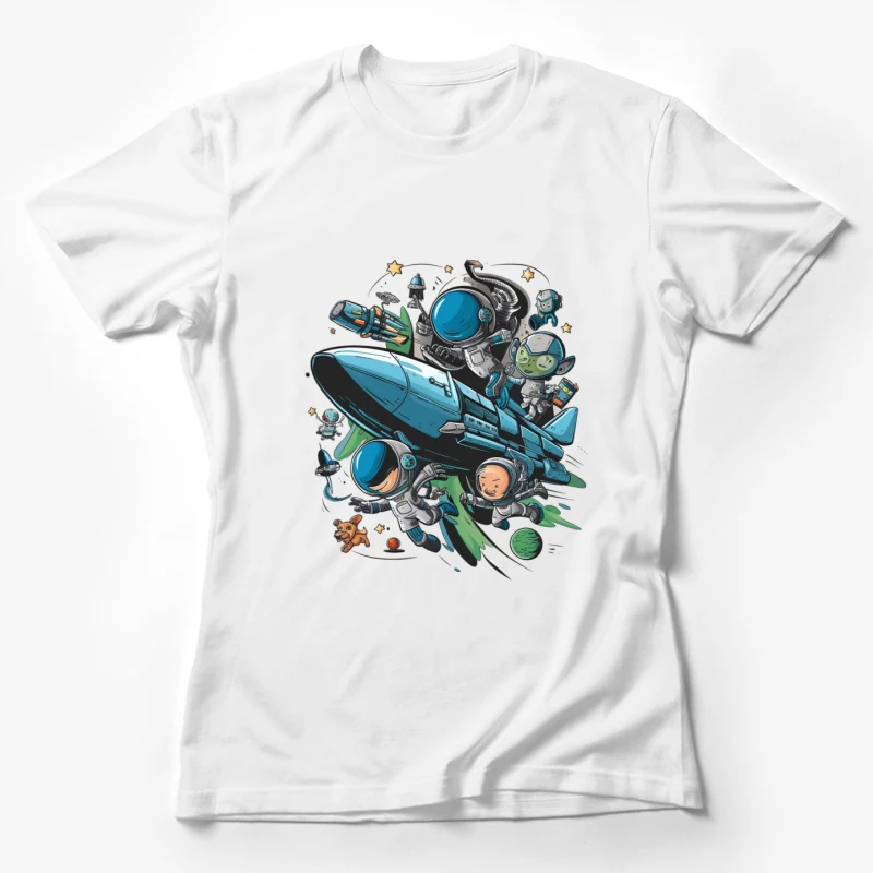 space exploration cartoon astronauts rocket ship aliens sci-fi colorful Female T-Shirt