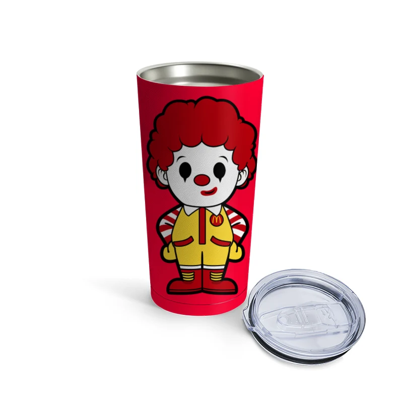 Cartoon Clown Mascot in Yellow Outfit with Red Hair Travel Mug
